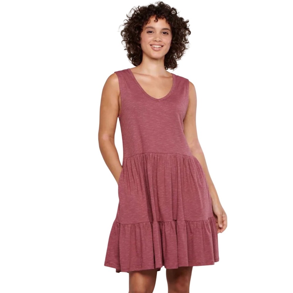 Toad&Co Womens Rose Mauve Slub Knit Tiered V-Neck Sleeveless Midi Dress Small